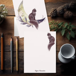 Cartão De Notas Gato de Aquarela Elegante a Rosa-Lua