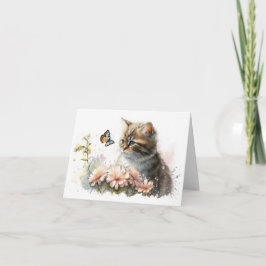 Cartão De Notas Gato e Borboleta no Jardim