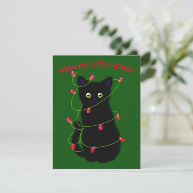 Cartão De Notas Gato negro | Meowy Christmas | Luzes cintilantes N (Em pé/Frente)