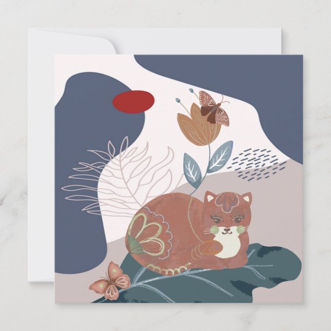 Cartão De Notas Gato Nórdico e Borboletas (Frente)