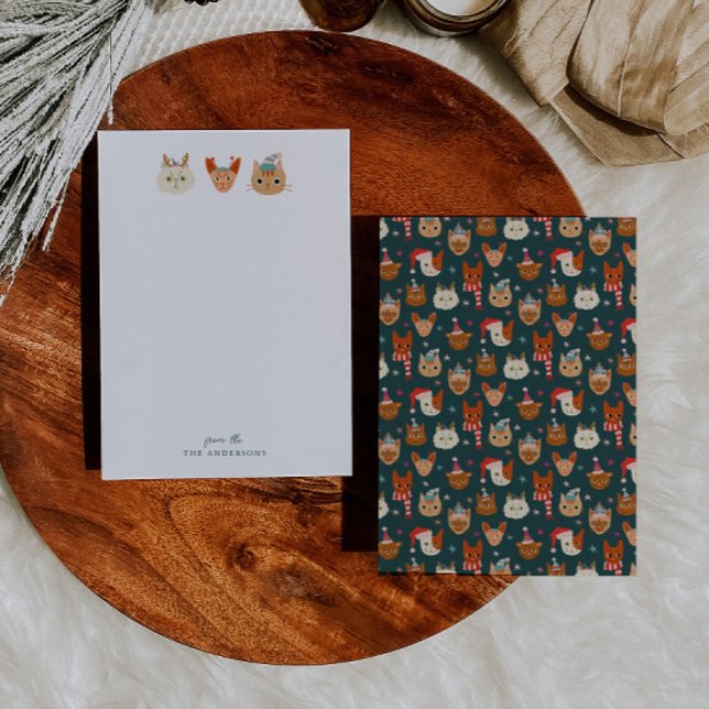 Cartão De Notas Gatos de Natal Caprichosos Verde (Criador carregado)