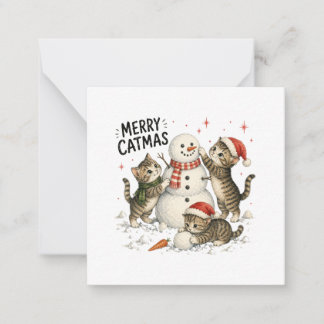 Cartão De Notas Gatos de Natal Construindo Boneco de Neve