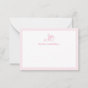 Cartão De Notas Gingham Girly Baby Pink Monograma Personalizado
