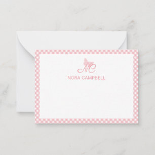 Cartão De Notas Gingham personalizado Peach Rosa Girly Monograma