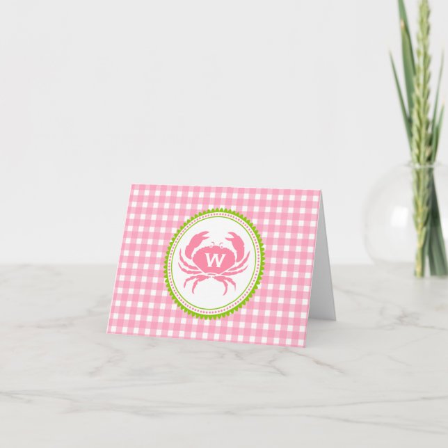 Cartão De Notas Gingham Rosa e Caranguejo Monograma Notecard (Frente)