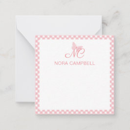 Cartão De Notas Gingham Rosa Pêssego Elegante Monograma Personaliz