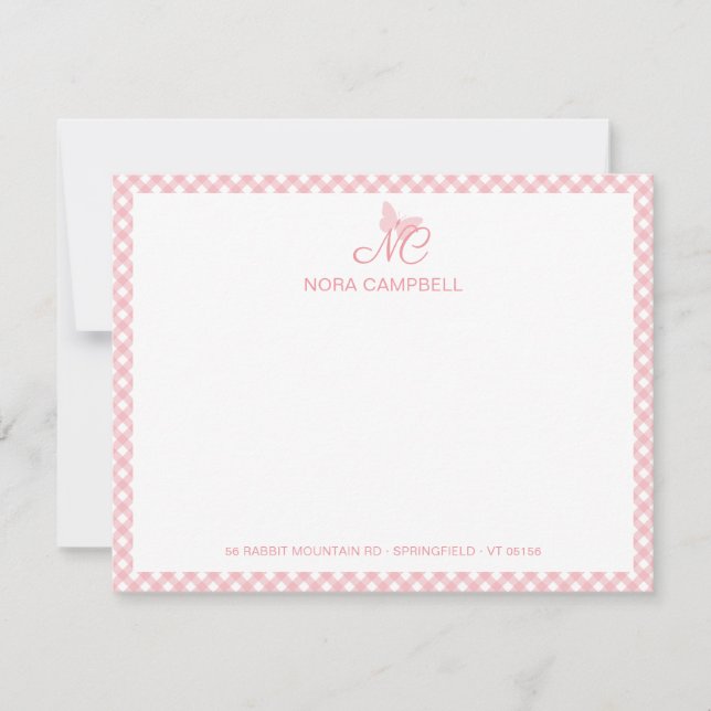 Cartão De Notas Girly Monographic Name Peach Pink Gingham Border (Frente)