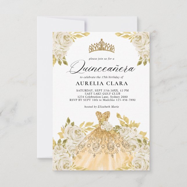 Cartão De Notas Glam Ivory Dourada Vress Floral 15 Quinceañera (Frente)