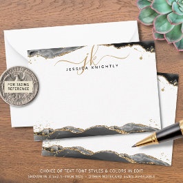 Cartão De Notas Glitter Dourado Monograma de Script de Agato Preto