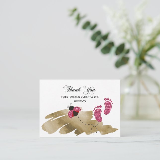 Cartão De Notas Glitter Rosa Ladybug Obrigado (Em pé/Frente)