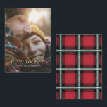 Cartão De Notas gol de natal feliz feriado<br><div class="desc">na moda de script de efeito Dourado de orçamento,  natal alegre com a coordenação do design tartan de verificação vermelha e verde. Espaço para um design de fotos de solteiro. Uma tomada moderna de um natal tradicional.</div>