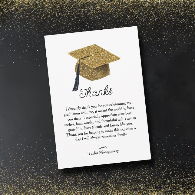 Cartão De Notas Graduação Dourada do Boné Glitter Formando Obrigad (Faux gold glitter grad cap flat  graduation thank you note cards with your personal message)