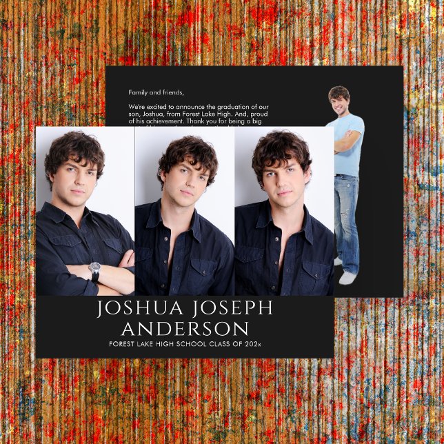 Cartão De Notas Graduação sofisticada - Preto com Três Fotos (Criador carregado)