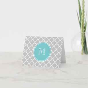Cartão De Notas Gray Quatrefoil Pattern, Teal Monogram