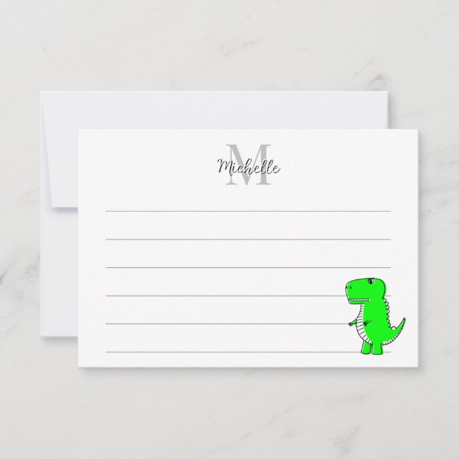 Cartão De Notas Green Dinosaur Drawing Custom Lined Monogram (Frente)