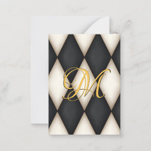 Cartão De Notas Harlequim Preto e Branco Falso Antigo Monogramado
