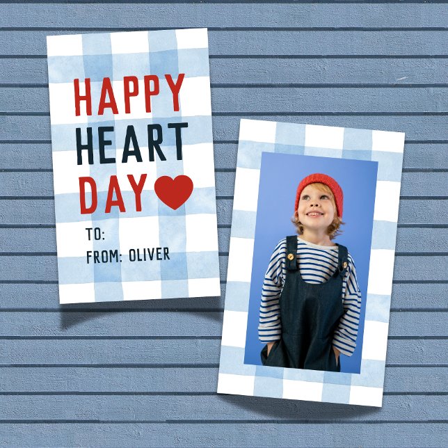 Cartão De Notas Heart Day Blue Gingham Valentine's Classroom Card (Share this Happy Heart Day Blue Gingham Valentine's Classroom Note Card! )