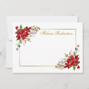 Cartão De Notas Holiday Watercolor Floral Red Poinsettia Dourada