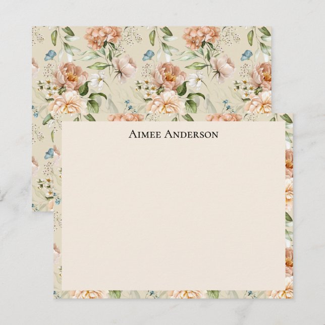 Cartão De Notas Hortênsias Elegantes Peônias Padrão Floral Quadro (Frente/Verso)