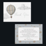 Cartão De Notas Hot Air Balloon Boy Baby Shower Thank You<br><div class="desc">This boho chic "Adventure Awaits" boy's baby shower thank you note card features a blue hot air balloon and clouds. The reverse side features a baby blue background with star patterns. Personalize it for your needs. You can find matching products at my store.</div>