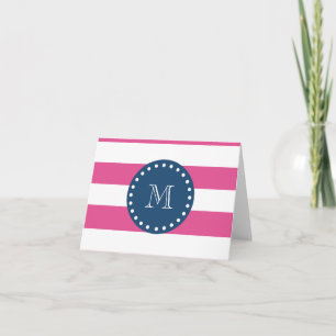 Cartão De Notas Hot Pink Stripes Pattern, Navy Blue Monogram