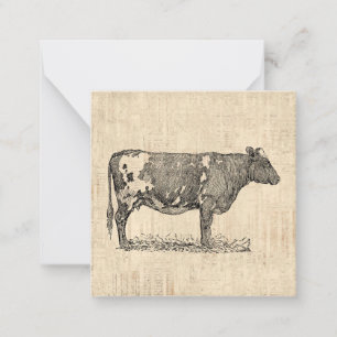 Cartão De Notas Ilustração de Vintage Cow Art com Fundo de Script