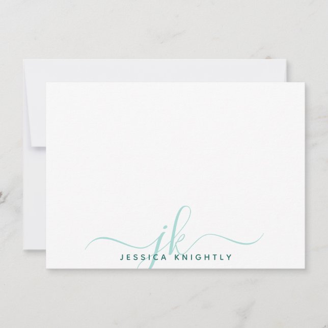 Cartão De Notas Iniciais de Monograma de Script Turquoise Moderna (Frente)