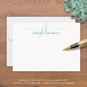 Cartão De Notas Iniciais de Monograma de Script Turquoise Moderna