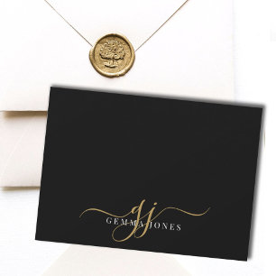 Cartão De Notas Iniciais de Script do Monograma Chic Dourado Preto