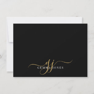Cartão De Notas Iniciais de Script do Monograma Chic Dourado Preto