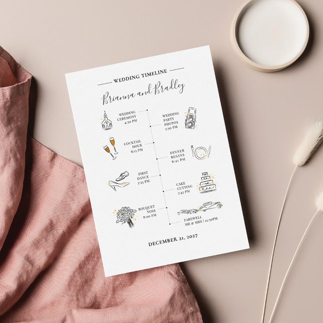 Cartão De Notas Itinerário do Dia de Casamento do Ícone Moderno (Modern Wedding Timeline with icons Program)