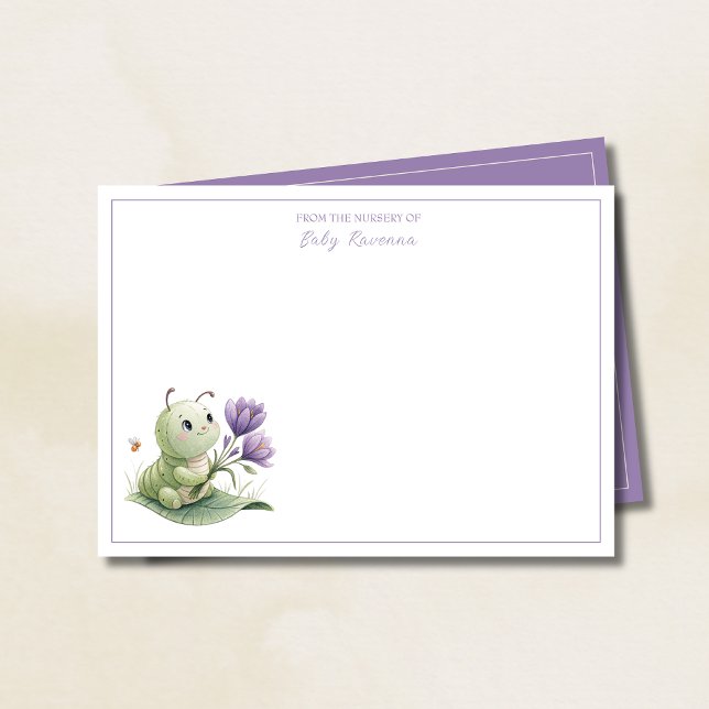 Cartão De Notas Ivory Cute Caterpillar Custom Name Nursery  (Criador carregado)