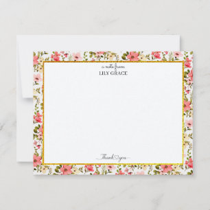 Cartão De Notas Jardim em Aquarela Floral e Estilo Dourado Obrigad