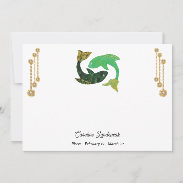 Cartão De Notas Joias Pérolas e Douradas com Peixes Sinal de Zodía (Frente)