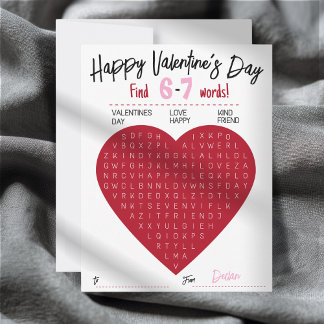 Cartão De Notas Kids Six Seven Valentine Word Search Heart Class