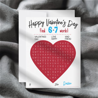 Cartão De Notas Kids Six Seven Valentine Word Search Heart Class