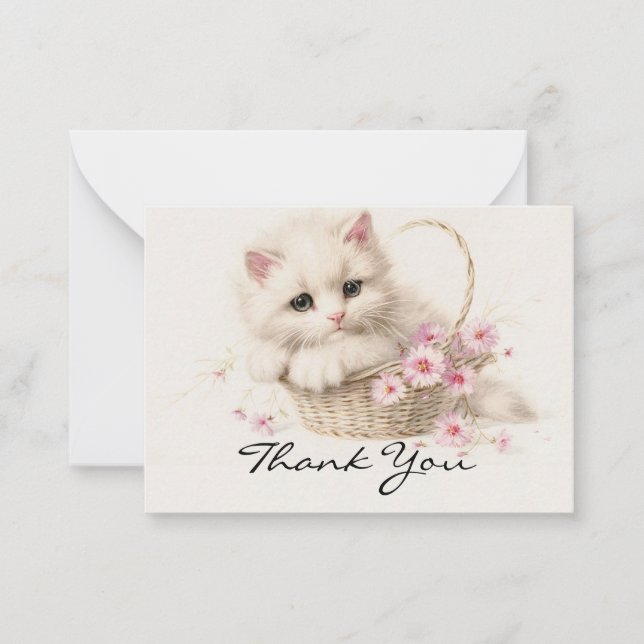 Cartão De Notas Kitten no Cesto de Flores Obrigado (Frente)