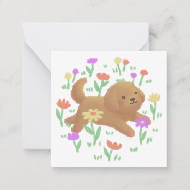 Cartão De Notas Labradoodle com Ilustração de Flores (Frente)