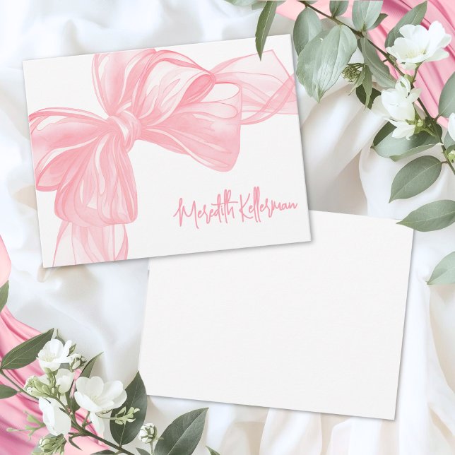 Cartão De Notas Laço Rosa Elegante Personalizado (Personalized Elegant Pink Bow Thank You Note Card )