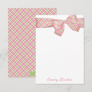 Cartão De Notas Laço Xadrez Rosa e Verde Personalizado Préppy