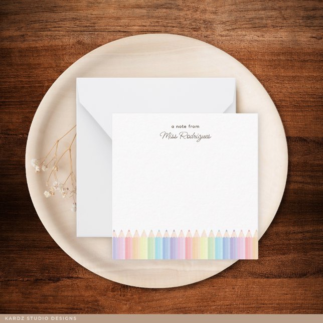 Cartão De Notas Lápis de Arco-Íris Personalizados Nota do Professo (Note card shown in 2.5 x 2.5 inches. Add name, choose size, paper, and corner style.)