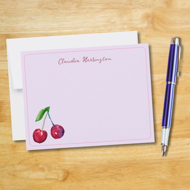Cartão De Notas Lavanda de Fruta de Aquarela de Cherries Coquette (Watercolor cherries and a lavender mist background make this card vintage and charming.)
