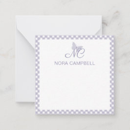 Cartão De Notas Lavanda de Monograma Elegante Gingham Personalizad