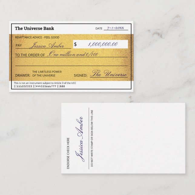 Cartão De Notas Law of Attraction Gold Manifestation Blank Check  (Frente/Verso)