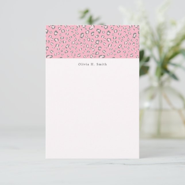 Cartão De Notas Leopardo-Cinza rosa 2 personalizado (Em pé/Frente)