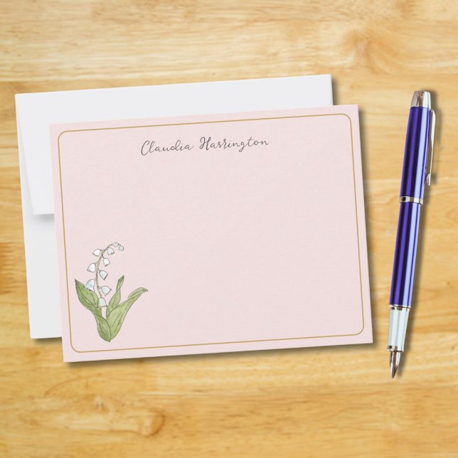 Cartão De Notas Lily do Vale Floral Botânico Girly Pink (A girly pink background and my hand-painted Lily of the Valley make this flat card charming.)