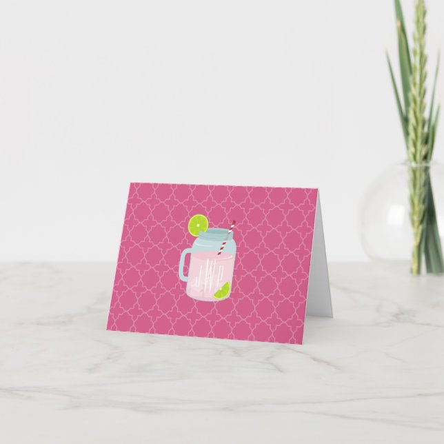 Cartão De Notas Limonada Rosa Monogramada + Quatrefoil De Berry (Frente)