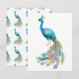 Cartão De Notas Linda ilustração de pavão azul-aquarela