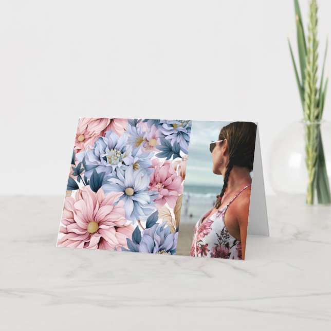 Cartão De Notas Lindo Floral Rosa e Azul  (Frente)