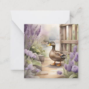 Cartão De Notas Lindo Pato em Aquarela e Lavanda em Branco